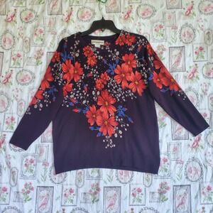 Vintage Cathy Daniels Sweater Blouse Women's M‎ Red Blue Floral & Rhinestones
